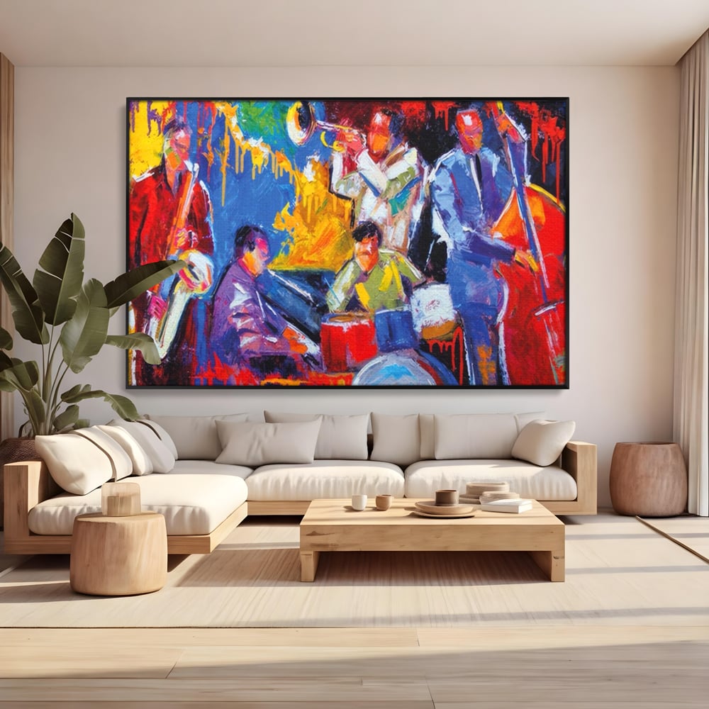 Tablou canvas cu pictura abstracta cu formatie de jazz, in rama de aluminiu negru, pe perete intr-un living