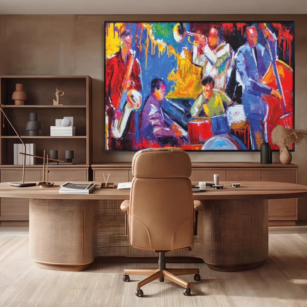 Tablou canvas cu pictura abstracta cu formatie de jazz, in rama de aluminiu negru, pe perete intr-un birou