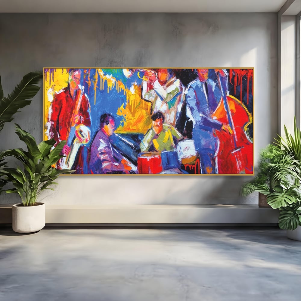 Tablou canvas cu pictura abstracta cu formatie de jazz, in rama de aluminiu auriu