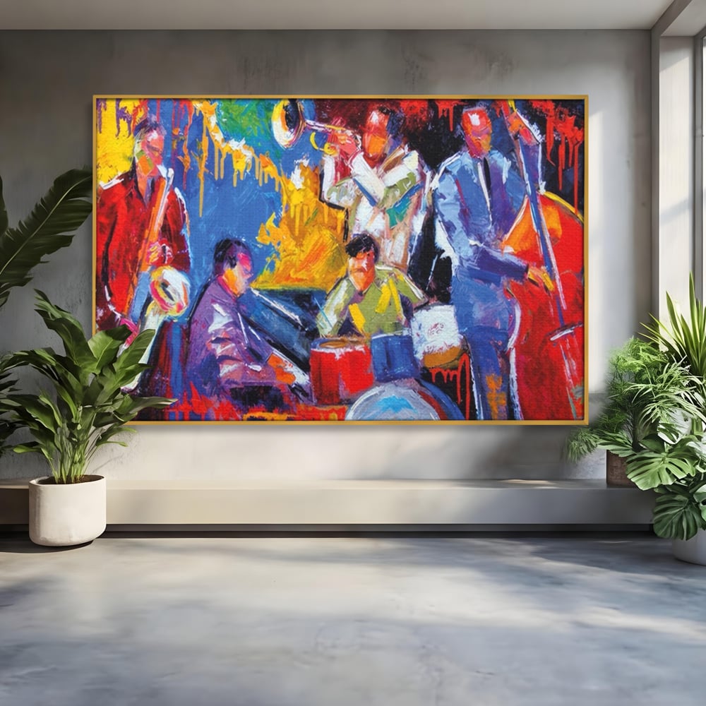 Tablou canvas cu pictura abstracta cu formatie de jazz, in rama de aluminiu auriu