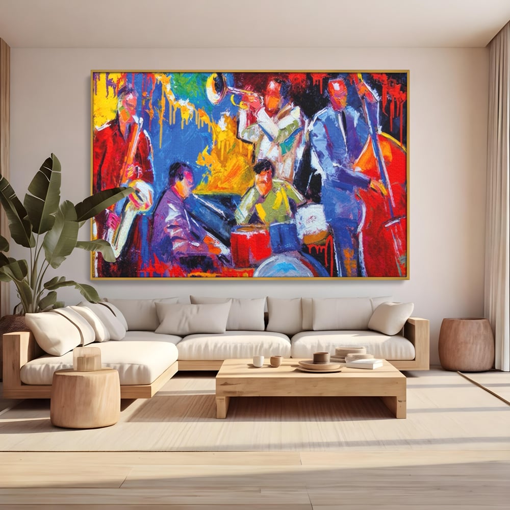 Tablou canvas cu pictura abstracta cu formatie de jazz, in rama de aluminiu auriu, pe perete intr-un living