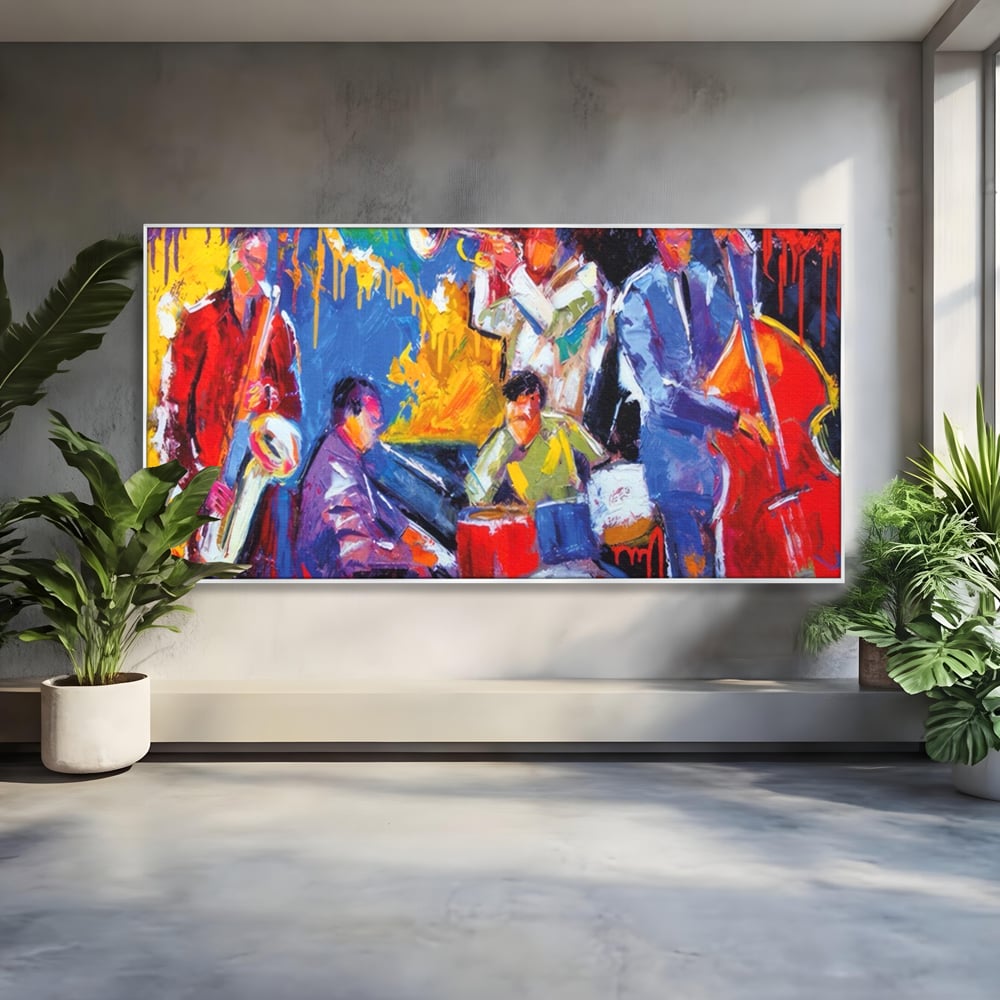 Tablou canvas cu pictura abstracta cu formatie de jazz, in rama de aluminiu argintiu
