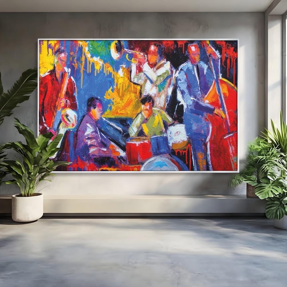 Tablou canvas cu pictura abstracta cu formatie de jazz, in rama de aluminiu argintiu