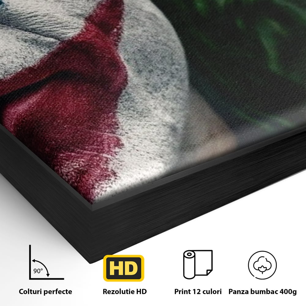 Detaliu al suprafetei: portret close-up cu joker pe canvas, in rama de aluminiu negru
