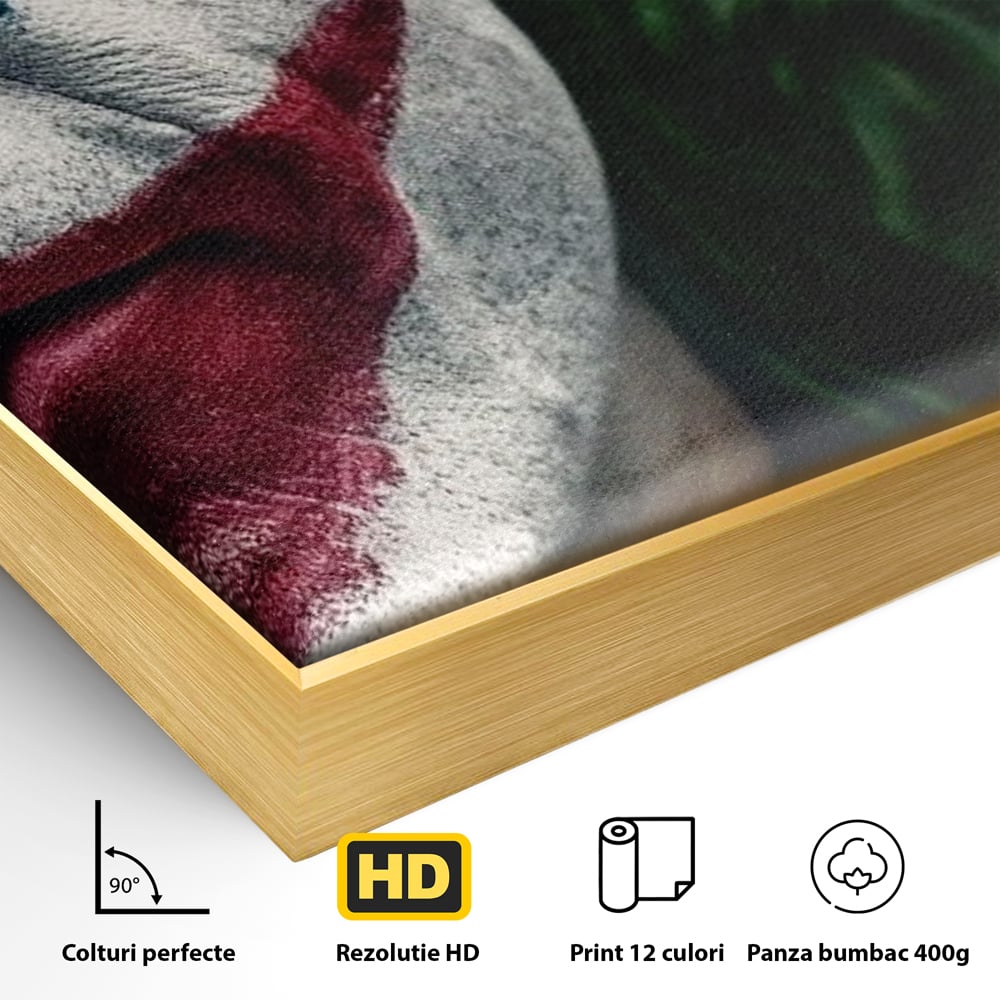 Detaliu al suprafetei: portret close-up cu joker pe canvas, in rama de aluminiu auriu