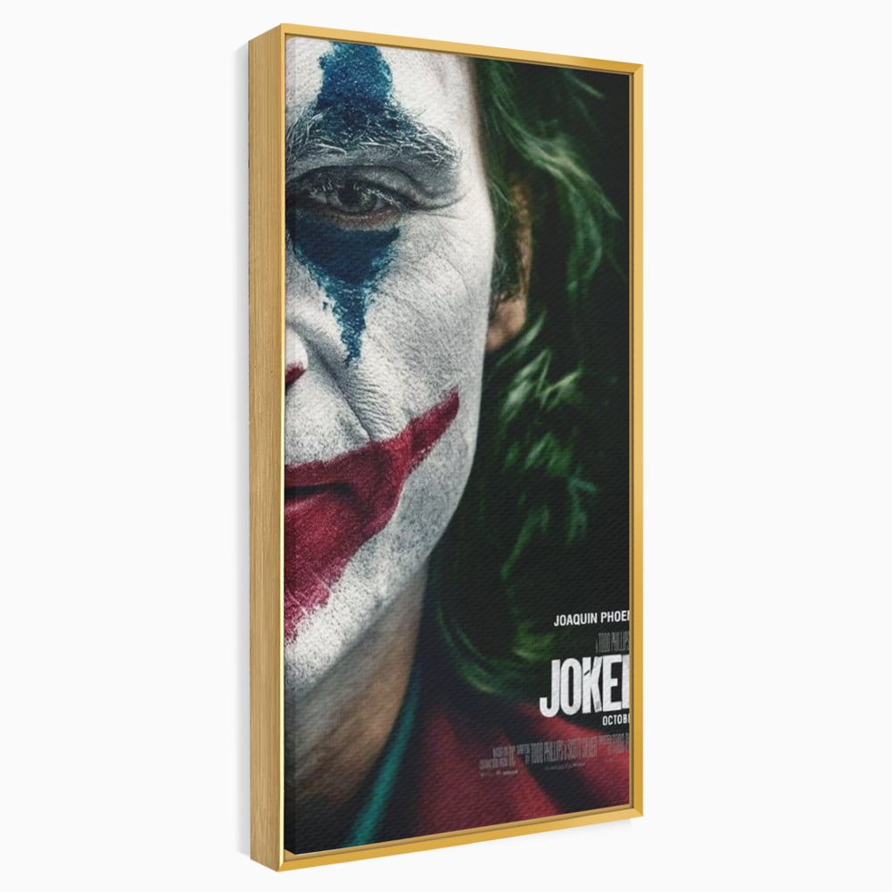 Tablou canvas cu portret close-up cu joker pe canvas, in rama de aluminiu auriu