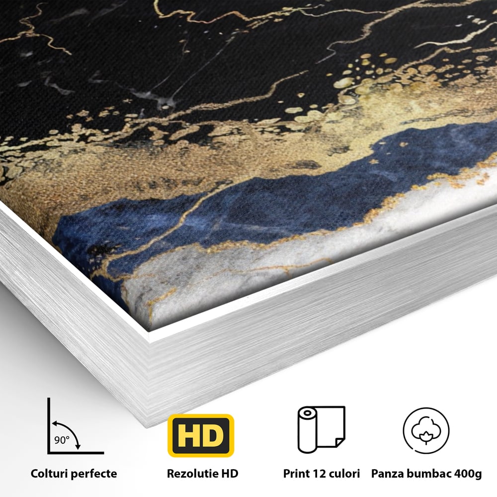 Detaliu al suprafetei: tablou abstract cu marmura si auriu, in rama de aluminiu argintiu