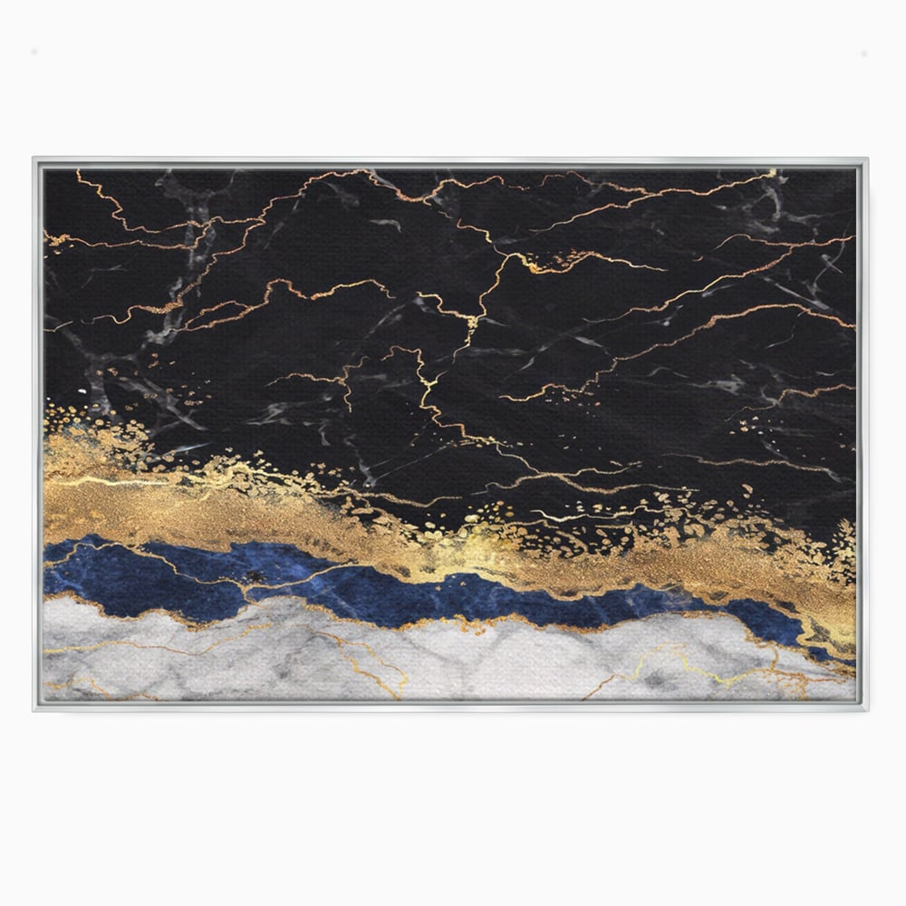Tablou canvas cu tablou abstract cu marmura si auriu, in rama de aluminiu argintiu