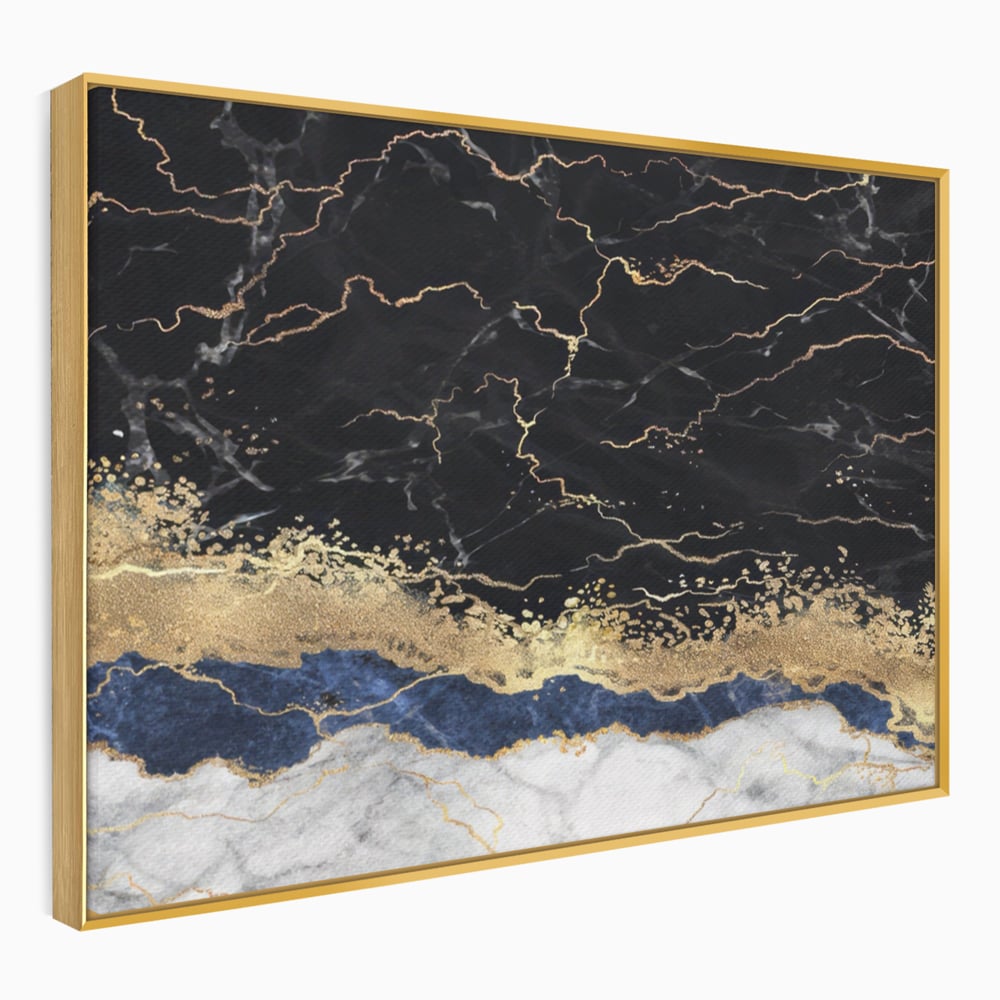 Tablou canvas cu tablou abstract cu marmura si auriu, in rama de aluminiu auriu