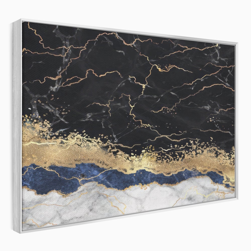 Tablou canvas cu tablou abstract cu marmura si auriu, in rama de aluminiu argintiu