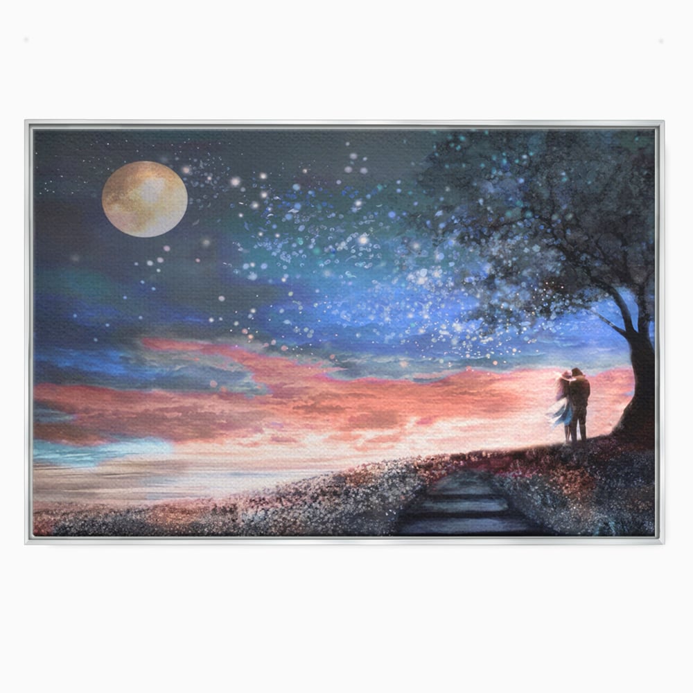 Tablou canvas cu ilustratie cuplu sub cer instelat, in rama de aluminiu argintiu
