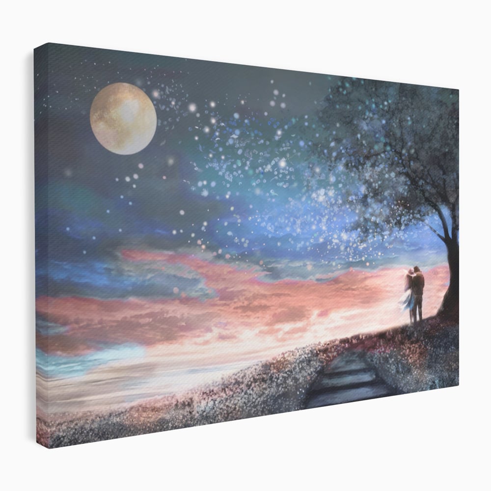 Tablou canvas cu ilustratie cuplu sub cer instelat, fara rama, pe sasiu de lemn
