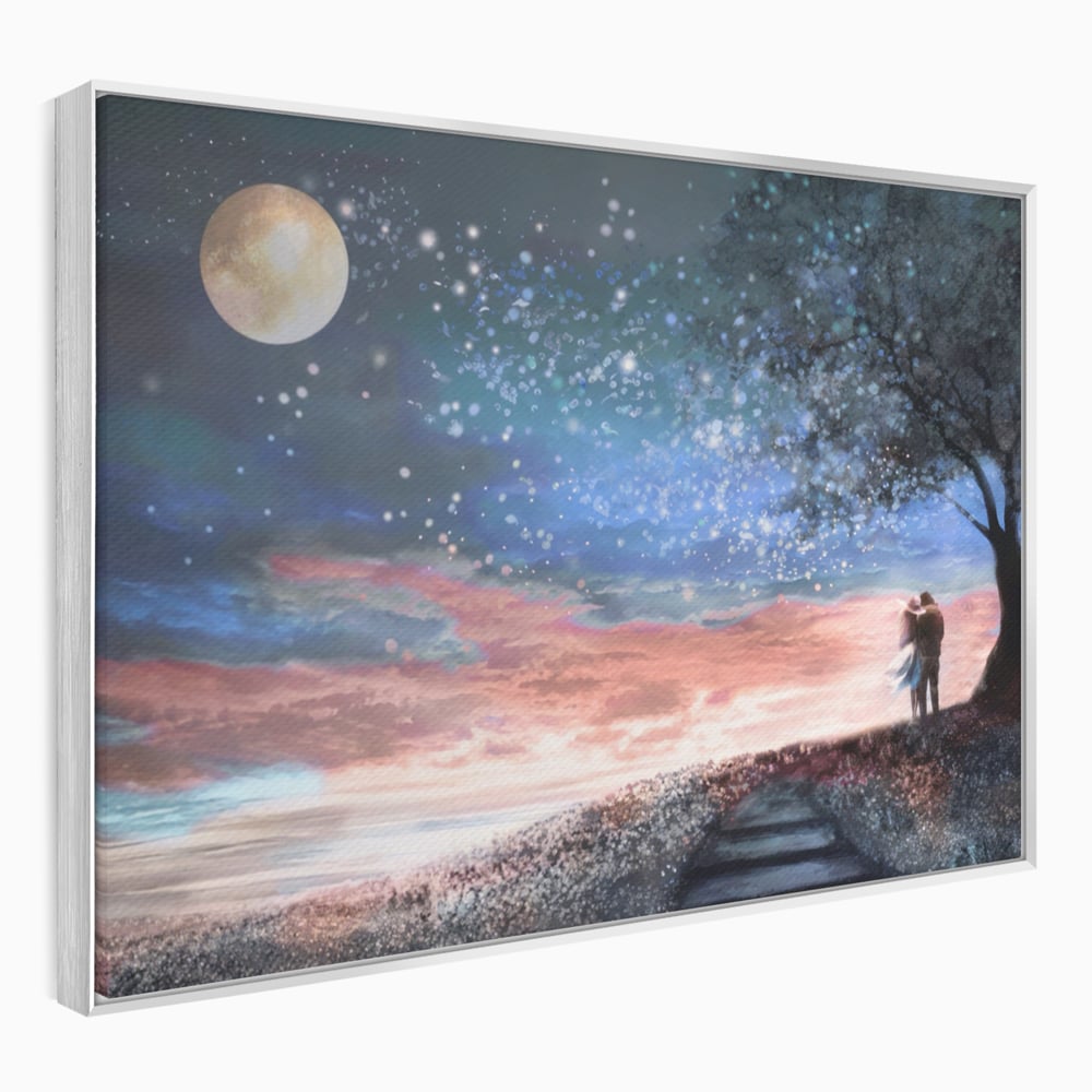 Tablou canvas cu ilustratie cuplu sub cer instelat, in rama de aluminiu argintiu