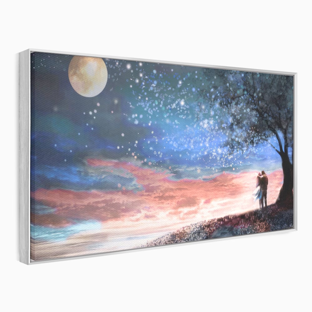 Tablou canvas cu ilustratie cuplu sub cer instelat, in rama de aluminiu argintiu