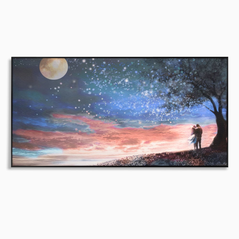Tablou canvas cu ilustratie cuplu sub cer instelat, in rama de aluminiu negru