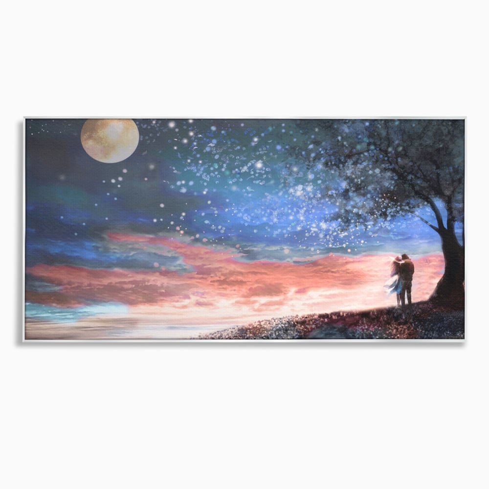Tablou canvas cu ilustratie cuplu sub cer instelat, in rama de aluminiu argintiu