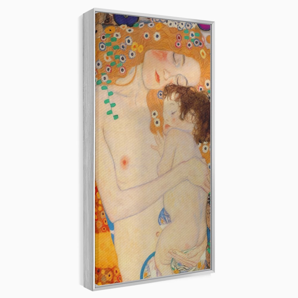 Tablou canvas cu reproducere pictura mama si copil, in rama de aluminiu argintiu