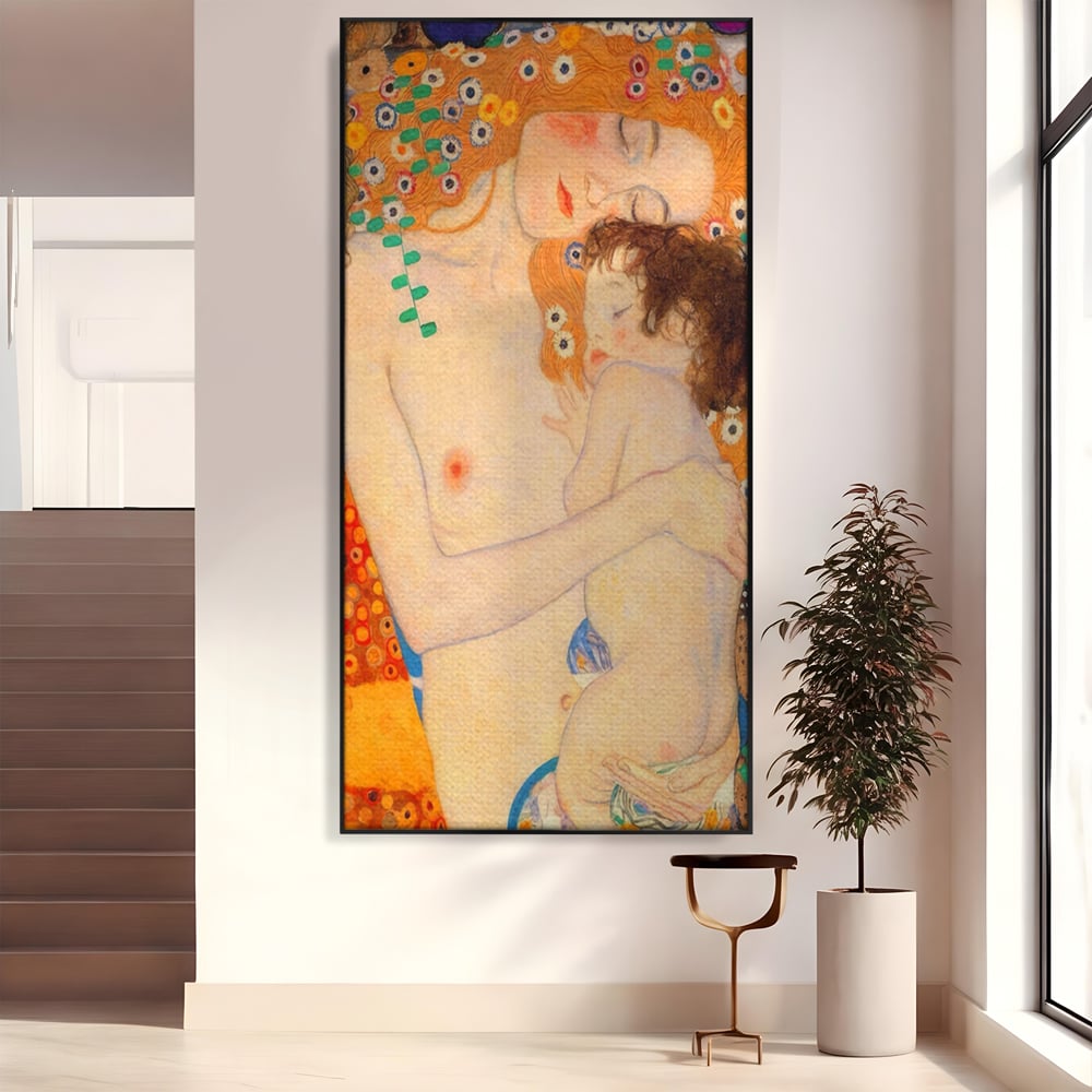 Tablou canvas cu reproducere pictura mama si copil, in rama de aluminiu negru