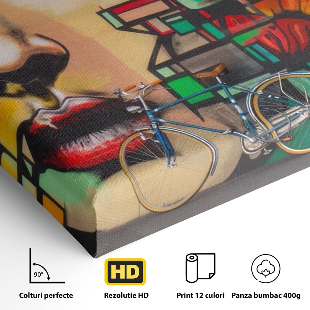 Detaliu al suprafetei: tablou canvas cu graffiti si biciclete, fara rama, pe sasiu de lemn