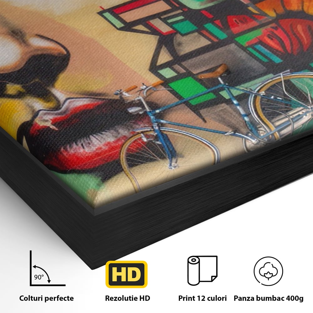 Detaliu al suprafetei: tablou canvas cu graffiti si biciclete, in rama de aluminiu negru