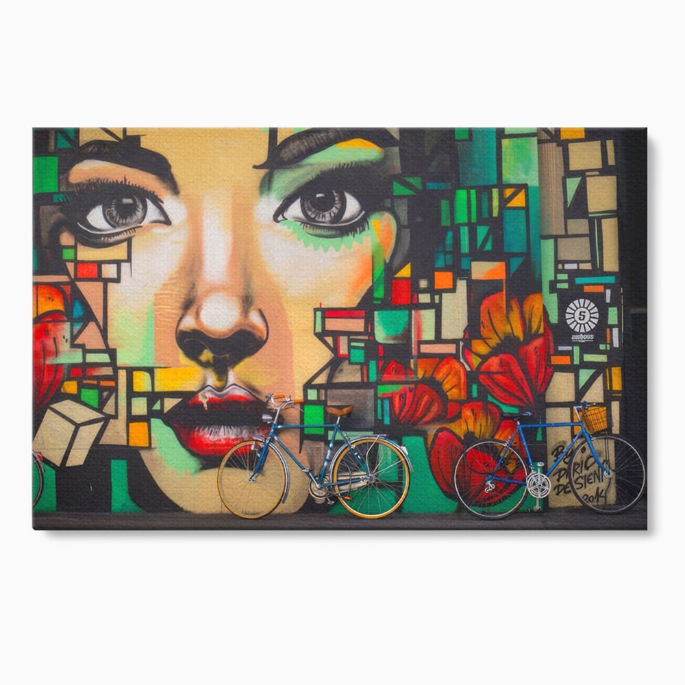 Tablou canvas cu tablou canvas cu graffiti si biciclete, fara rama, pe sasiu de lemn