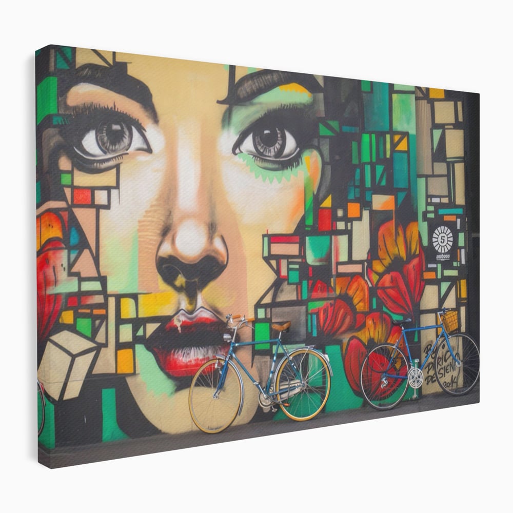 Tablou canvas cu tablou canvas cu graffiti si biciclete, fara rama, pe sasiu de lemn