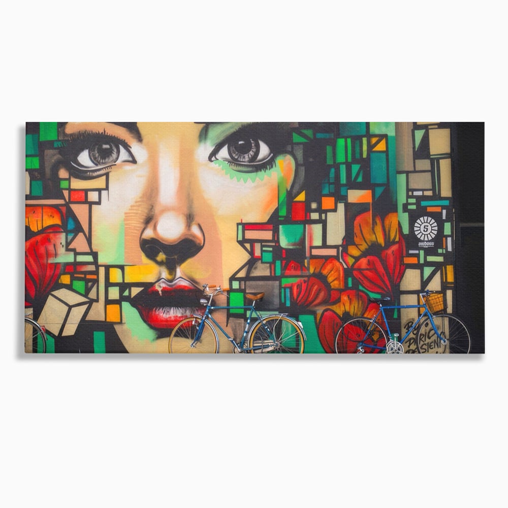 Tablou canvas cu tablou canvas cu graffiti si biciclete, fara rama, pe sasiu de lemn