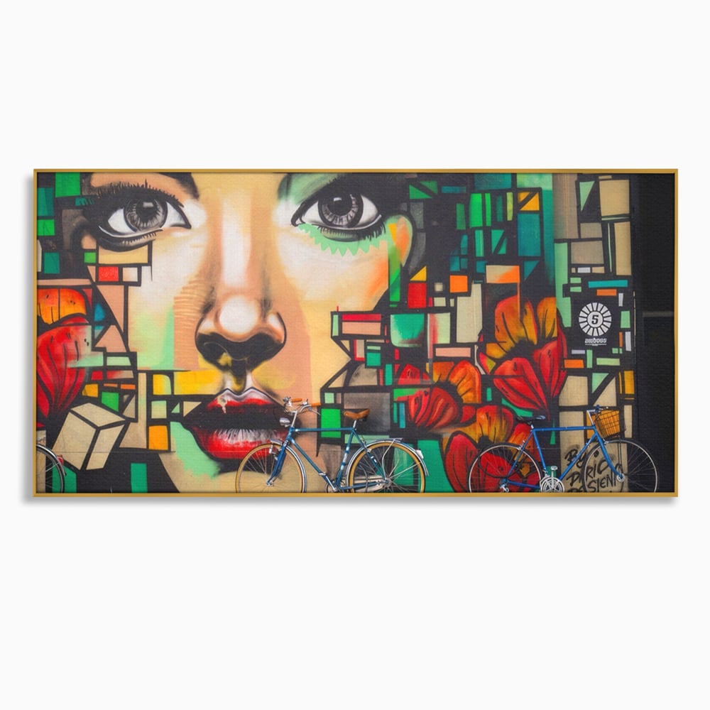 Tablou canvas cu tablou canvas cu graffiti si biciclete, in rama de aluminiu auriu