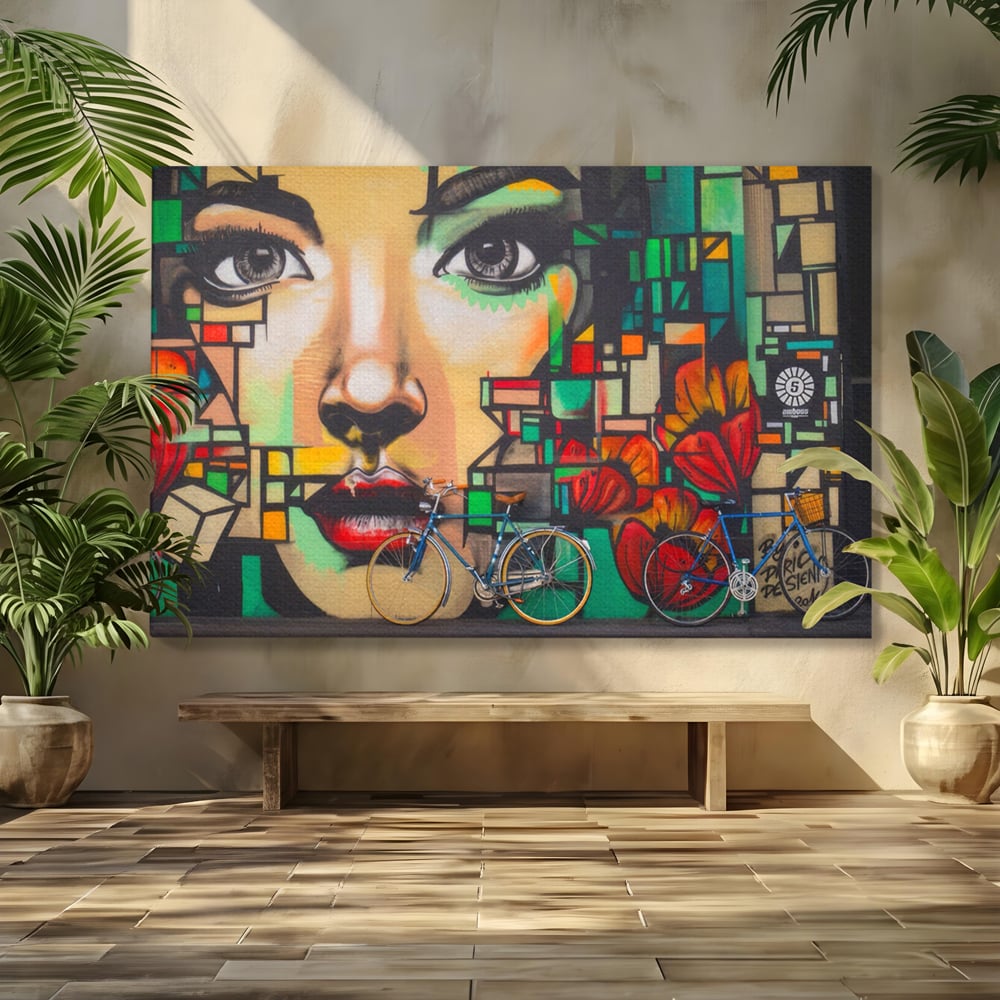 Tablou canvas cu tablou canvas cu graffiti si biciclete, fara rama, pe sasiu de lemn