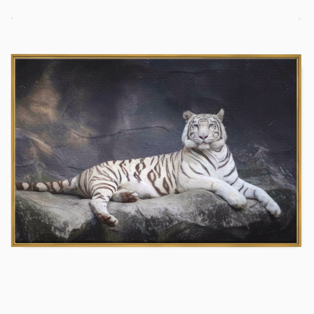 Tablou canvas cu tablou canvas cu tigru alb pe stanca, in rama de aluminiu auriu