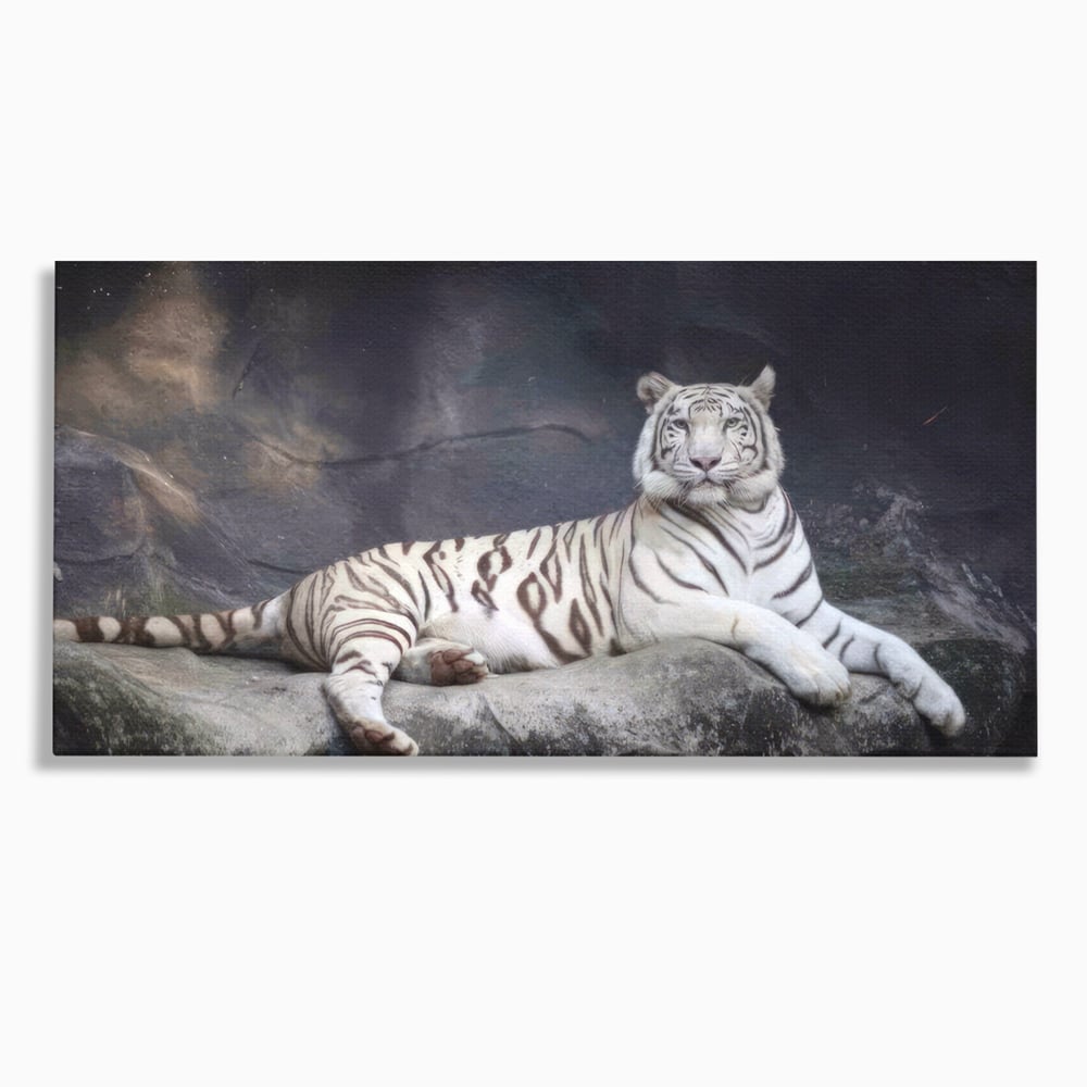 Tablou canvas cu tablou canvas cu tigru alb pe stanca, fara rama, pe sasiu de lemn