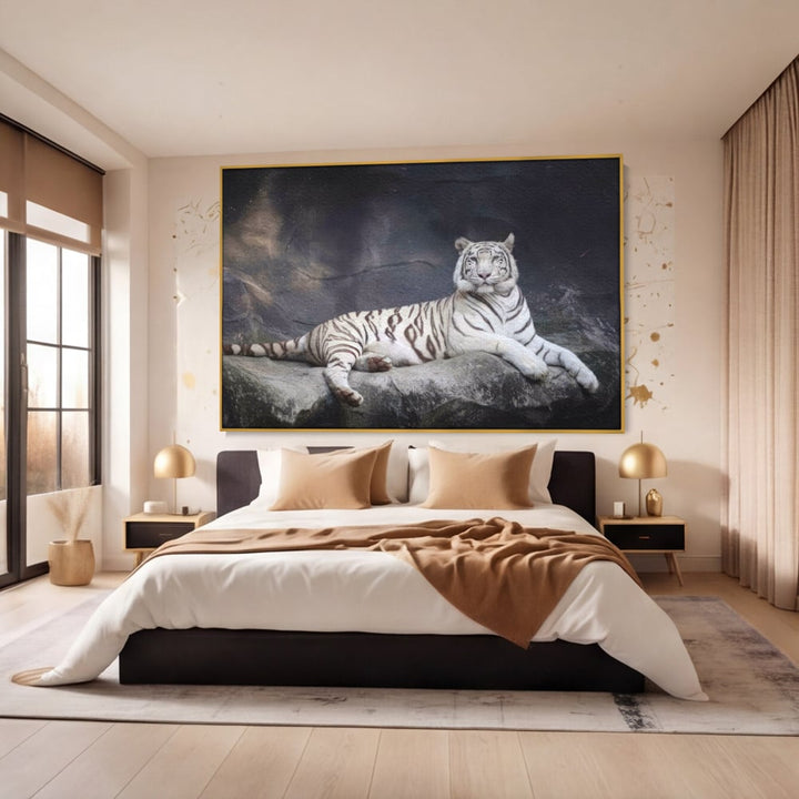 Tablou canvas cu tablou canvas cu tigru alb pe stanca, in rama de aluminiu auriu, pe perete intr-un dormitor