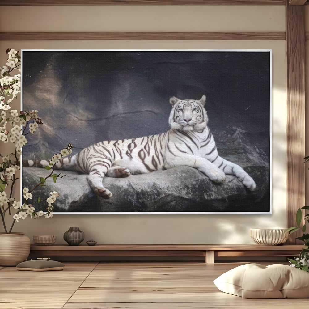 Tablou canvas cu tablou canvas cu tigru alb pe stanca, in rama de aluminiu argintiu