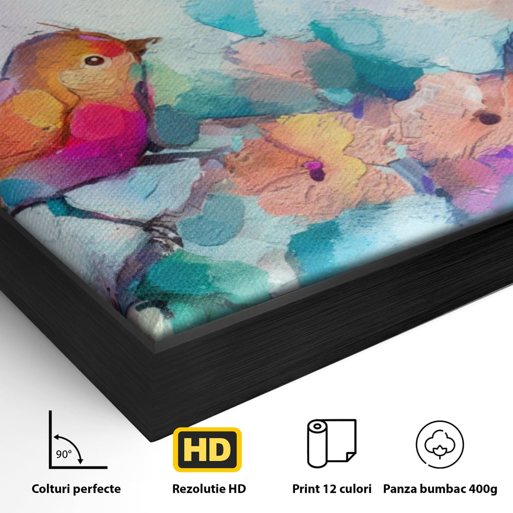 Detaliu al suprafetei: pictura digitala cu doua pasari colorate, in rama de aluminiu negru