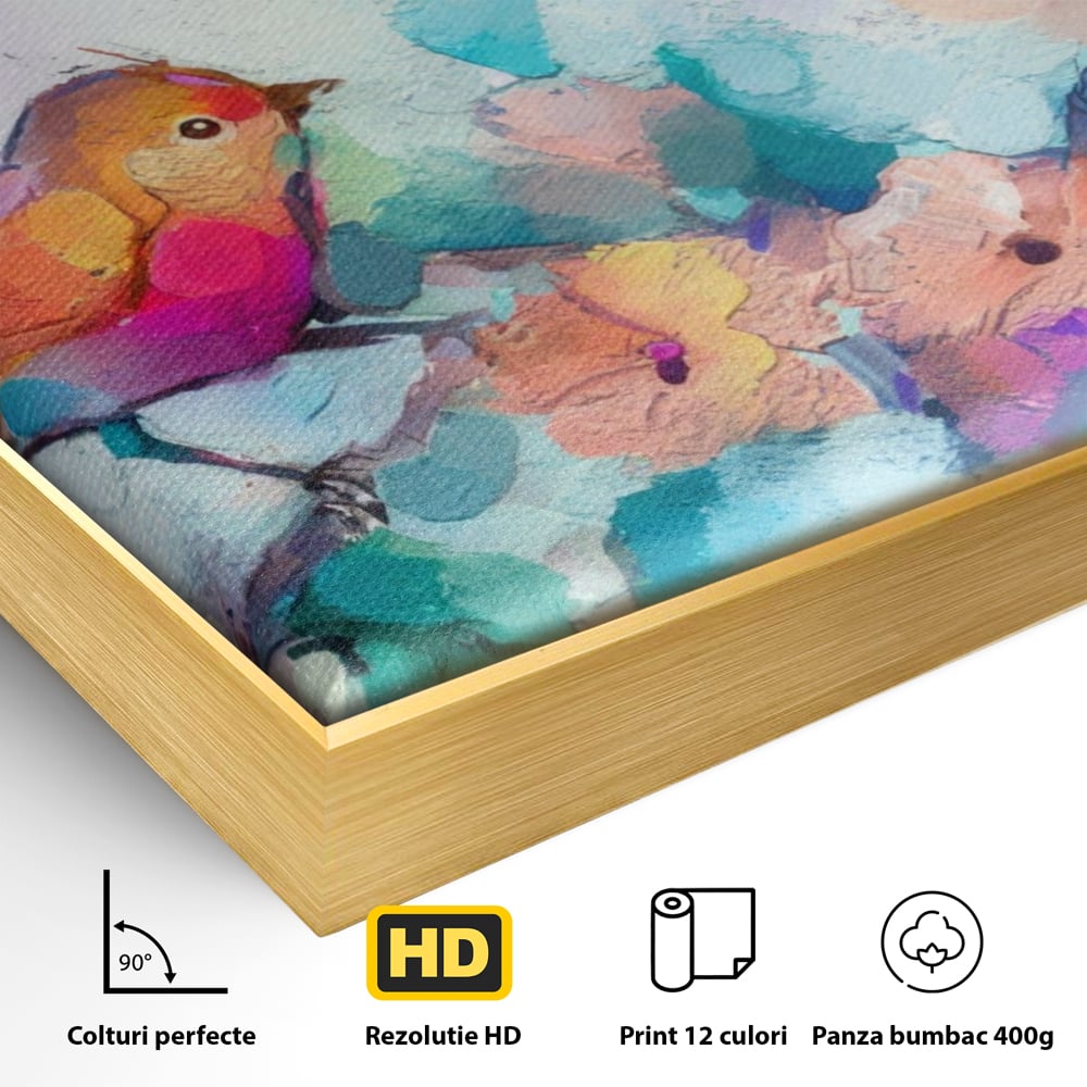 Detaliu al suprafetei: pictura digitala cu doua pasari colorate, in rama de aluminiu auriu