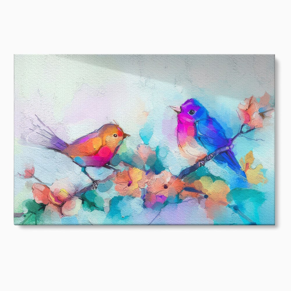 Tablou canvas cu pictura digitala cu doua pasari colorate, fara rama, pe sasiu de lemn