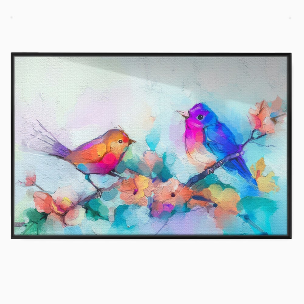 Tablou canvas cu pictura digitala cu doua pasari colorate, in rama de aluminiu negru