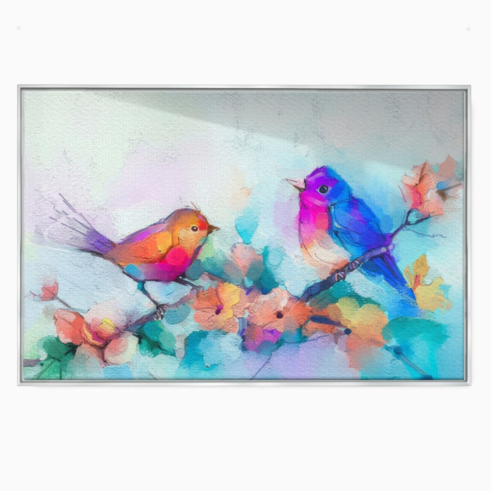 Tablou canvas cu pictura digitala cu doua pasari colorate, in rama de aluminiu argintiu