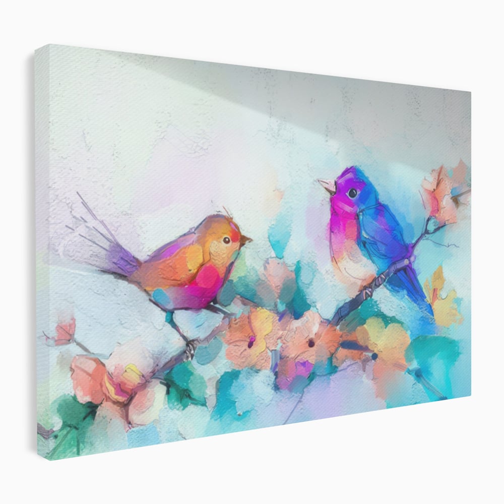 Tablou canvas cu pictura digitala cu doua pasari colorate, fara rama, pe sasiu de lemn