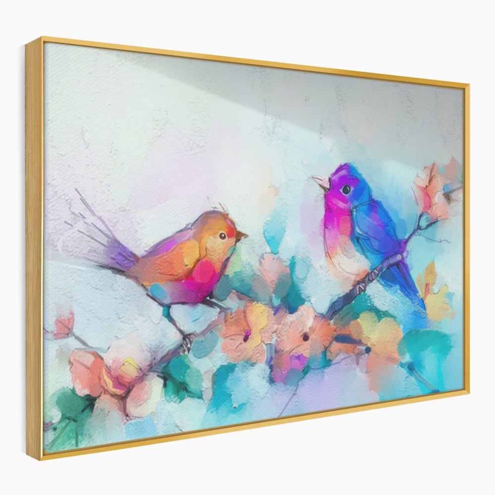 Tablou canvas cu pictura digitala cu doua pasari colorate, in rama de aluminiu auriu
