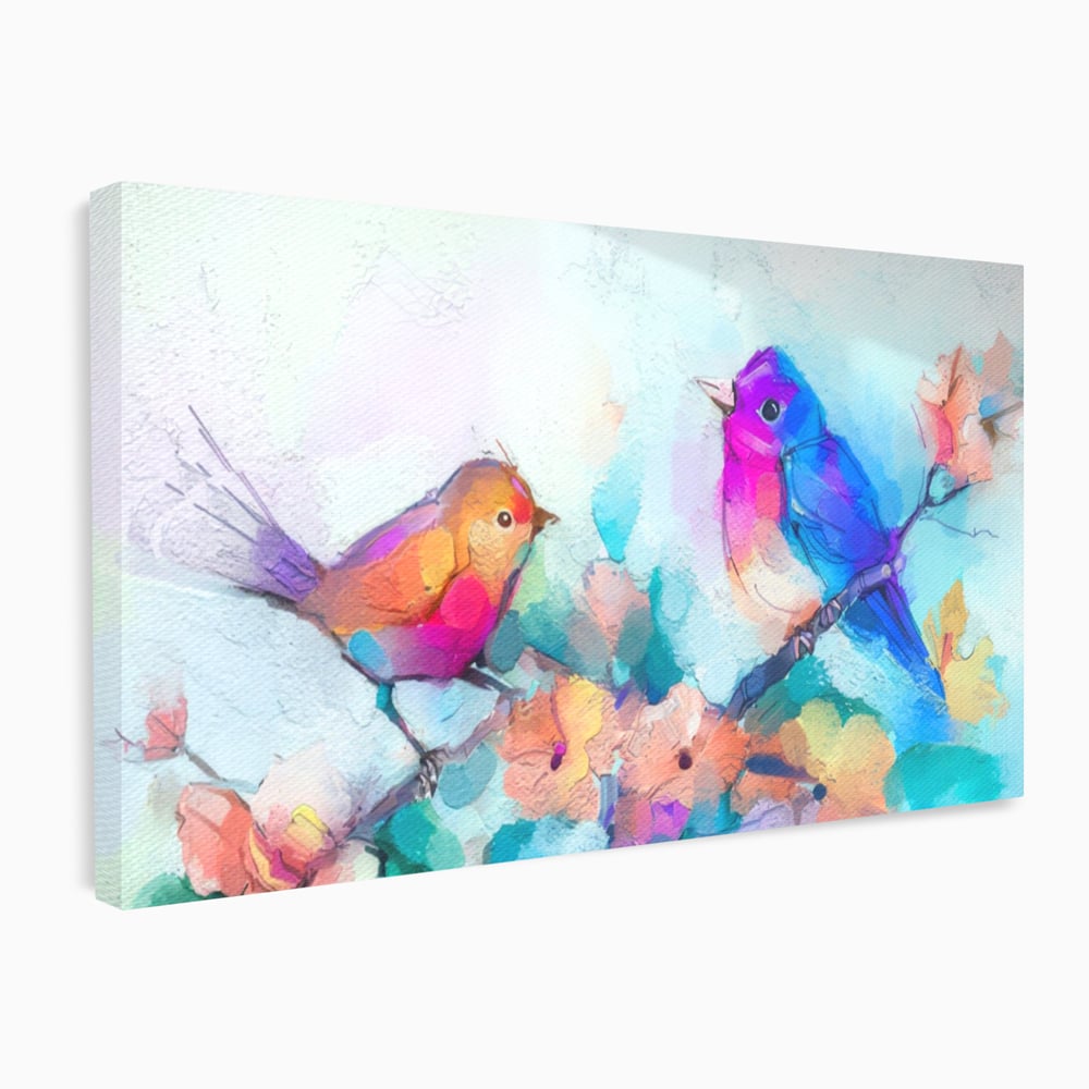 Tablou canvas cu pictura digitala cu doua pasari colorate, fara rama, pe sasiu de lemn
