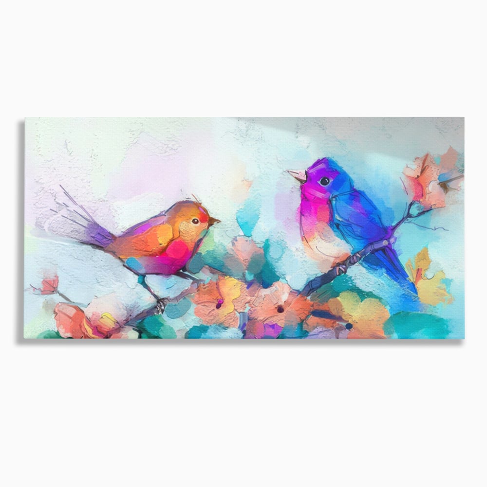 Tablou canvas cu pictura digitala cu doua pasari colorate, fara rama, pe sasiu de lemn