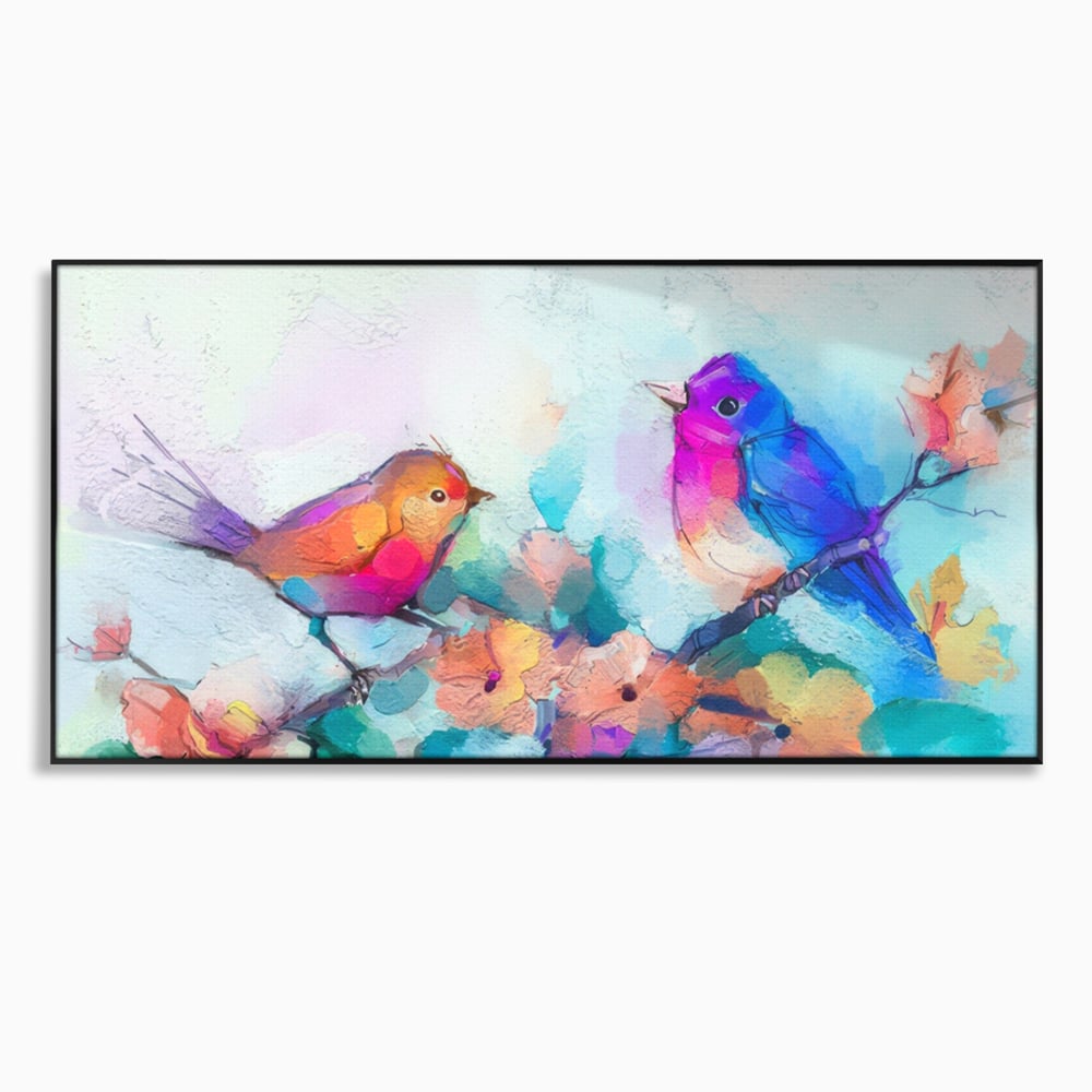 Tablou canvas cu pictura digitala cu doua pasari colorate, in rama de aluminiu negru