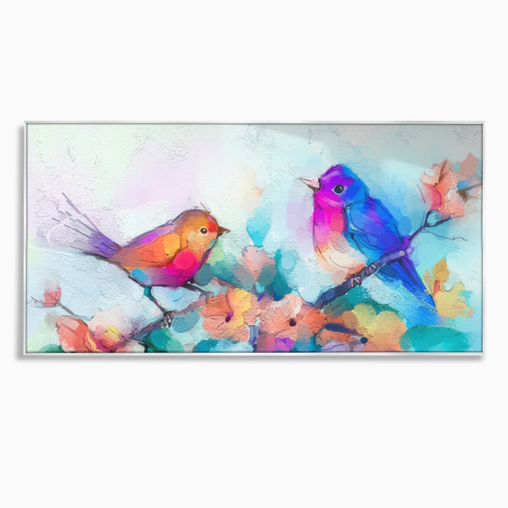 Tablou canvas cu pictura digitala cu doua pasari colorate, in rama de aluminiu argintiu