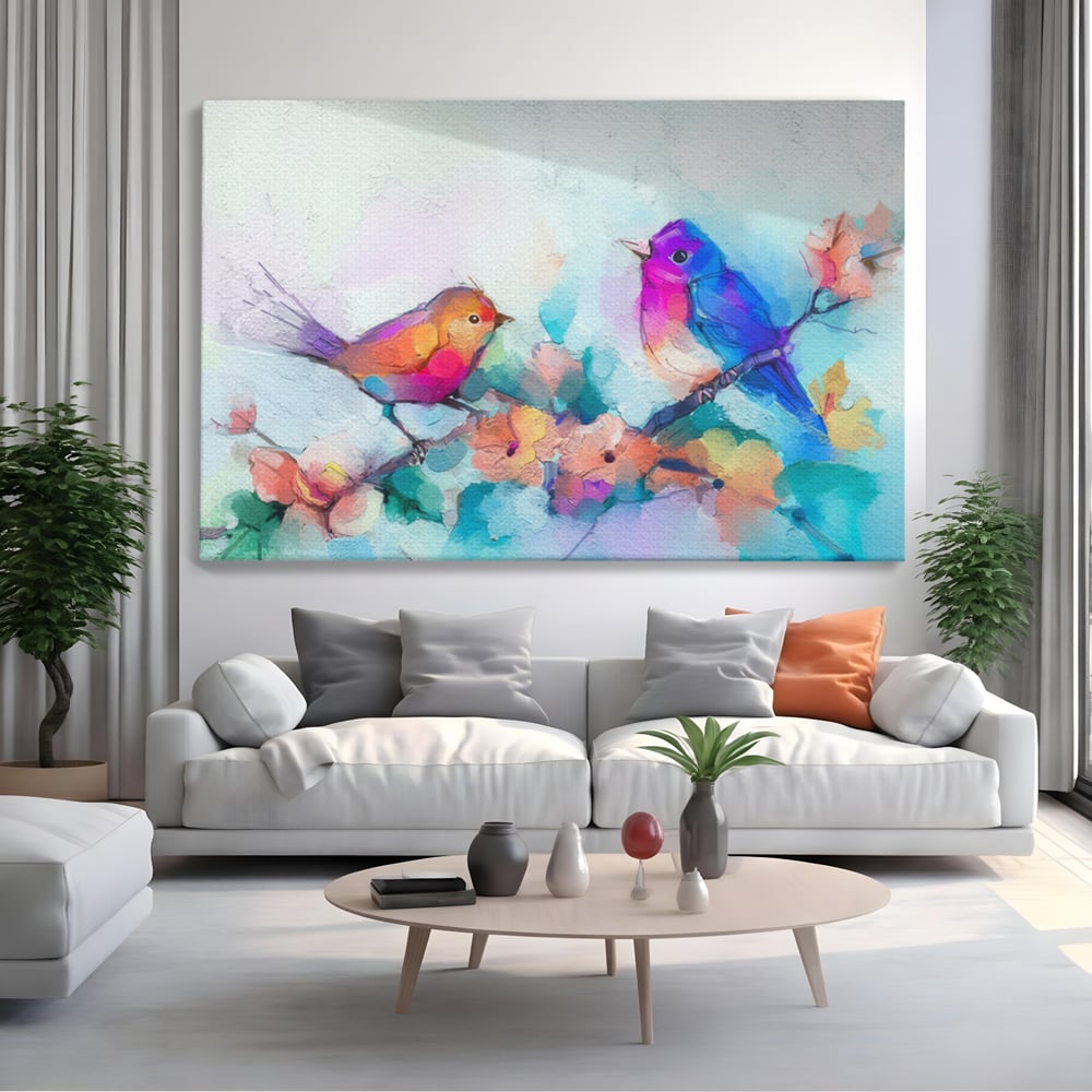 Tablou canvas cu pictura digitala cu doua pasari colorate, fara rama, pe sasiu de lemn, pe perete intr-un living
