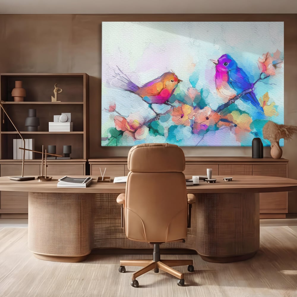 Tablou canvas cu pictura digitala cu doua pasari colorate, fara rama, pe sasiu de lemn, pe perete intr-un birou