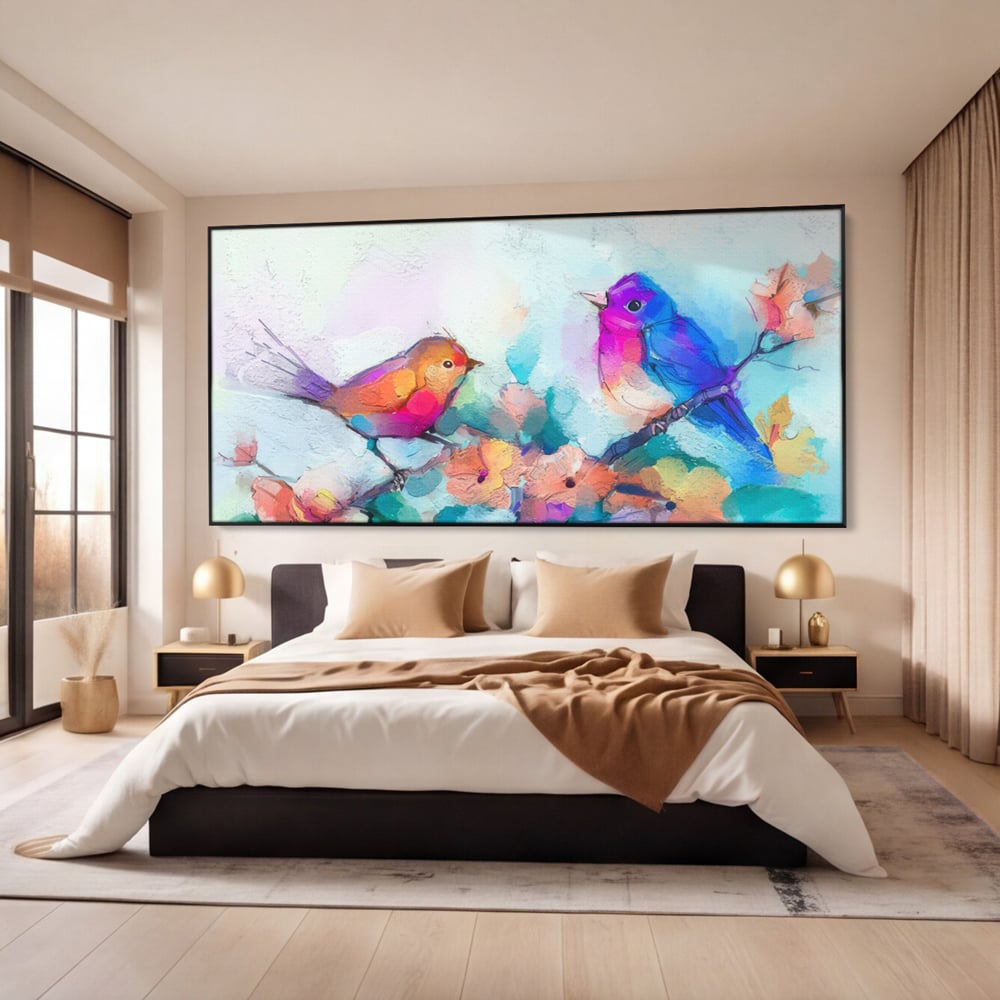 Tablou canvas cu pictura digitala cu doua pasari colorate, in rama de aluminiu negru, pe perete intr-un dormitor