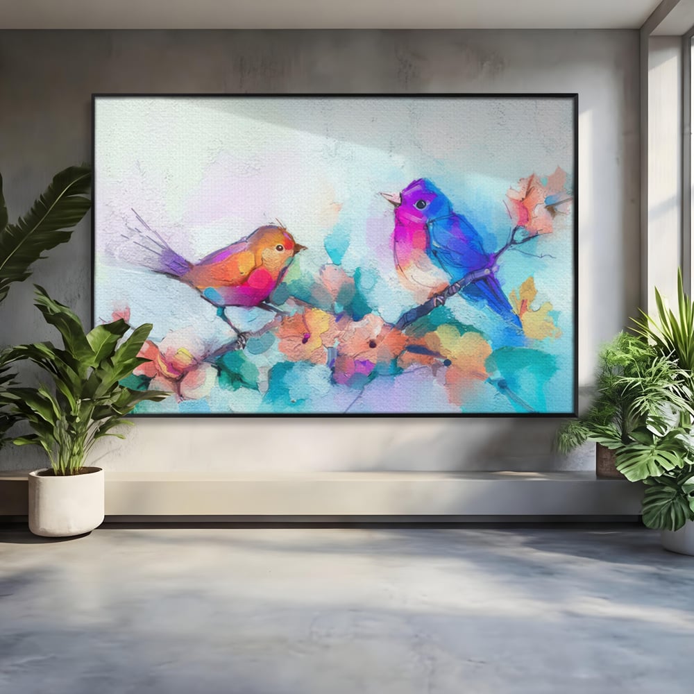 Tablou canvas cu pictura digitala cu doua pasari colorate, in rama de aluminiu negru