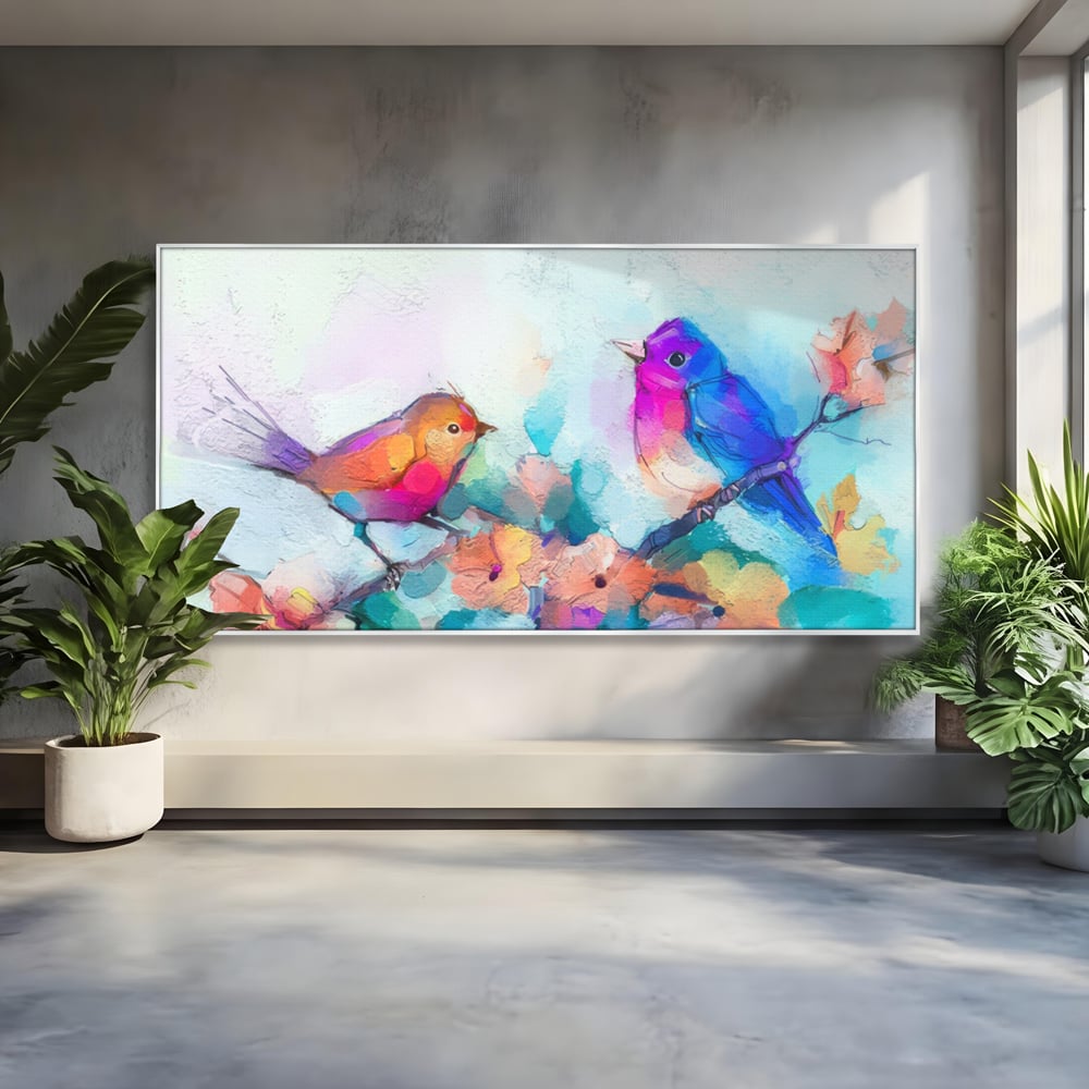 Tablou canvas cu pictura digitala cu doua pasari colorate, in rama de aluminiu argintiu