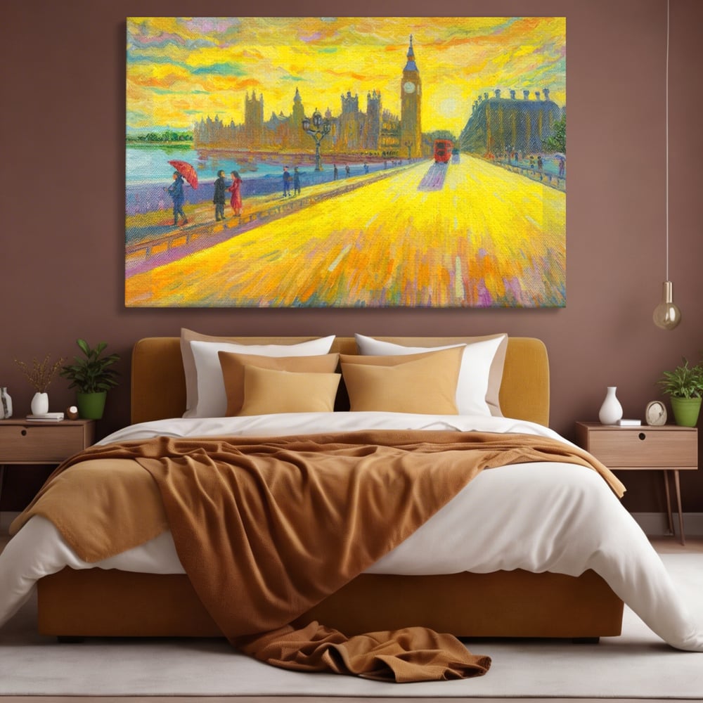 Tablou canvas cu tablou canvas cu londra si big ben, fara rama, pe sasiu de lemn, pe perete intr-un dormitor